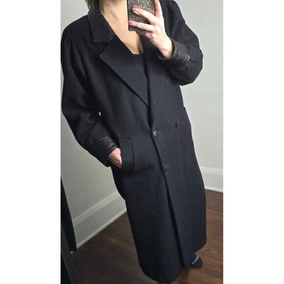 Vintage Black Wool Leather Trim Overcoat Classic - Picture 11 of 16